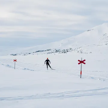 Kvinna åker längdskidor på längdspåret Fjällnäs-Svalåtjärn