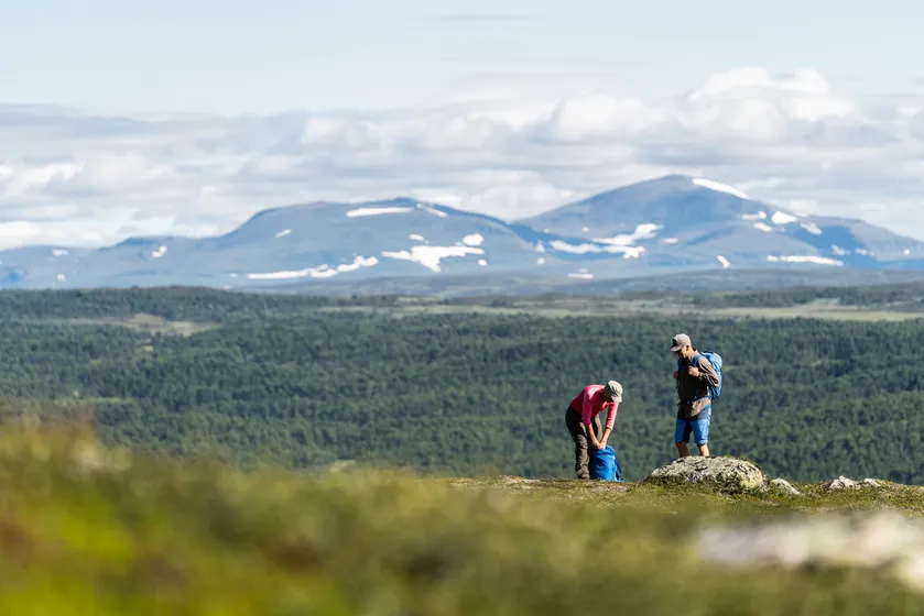 Vy över fjällvärld med två personer som vandrar