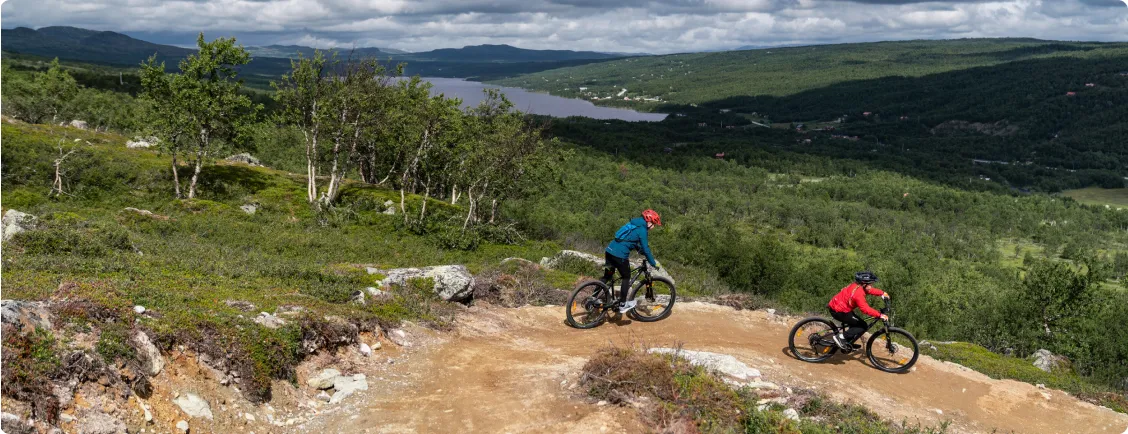 Två barn cyklar nedför en stig med mtb