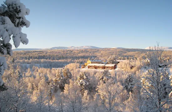 Vinterbild med snötäckta träd och Bruksvallslidens hotell i bakgrunden.