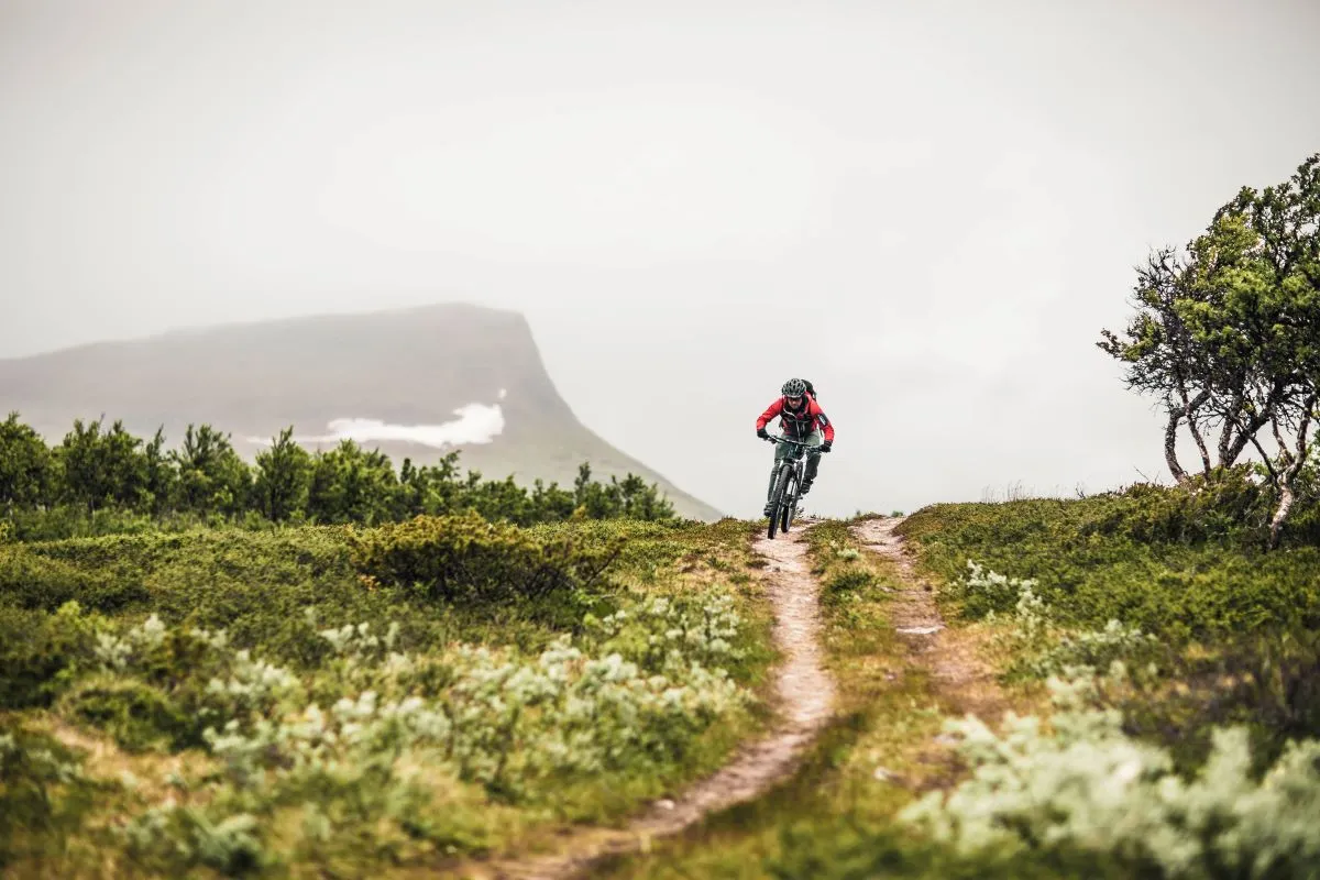 Person som cyklar på stig i fjällandskap. Mittåkläppen i bakgrunden.