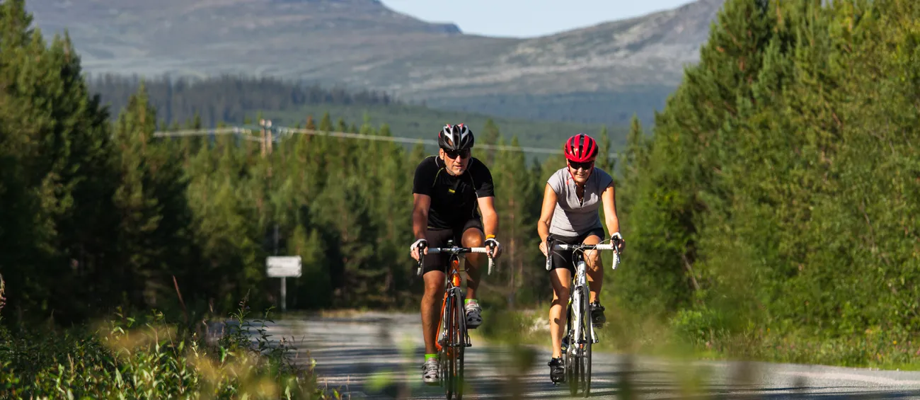 Två landsvägscyklister med fjäll i bakgrunden