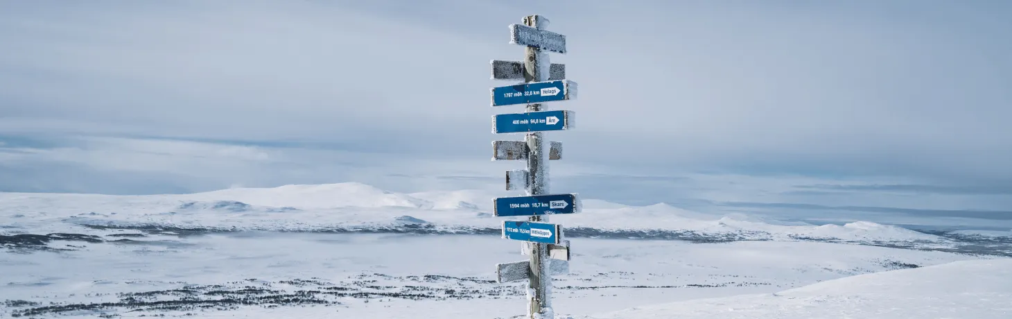 Bild på skoterskyltar på fjället