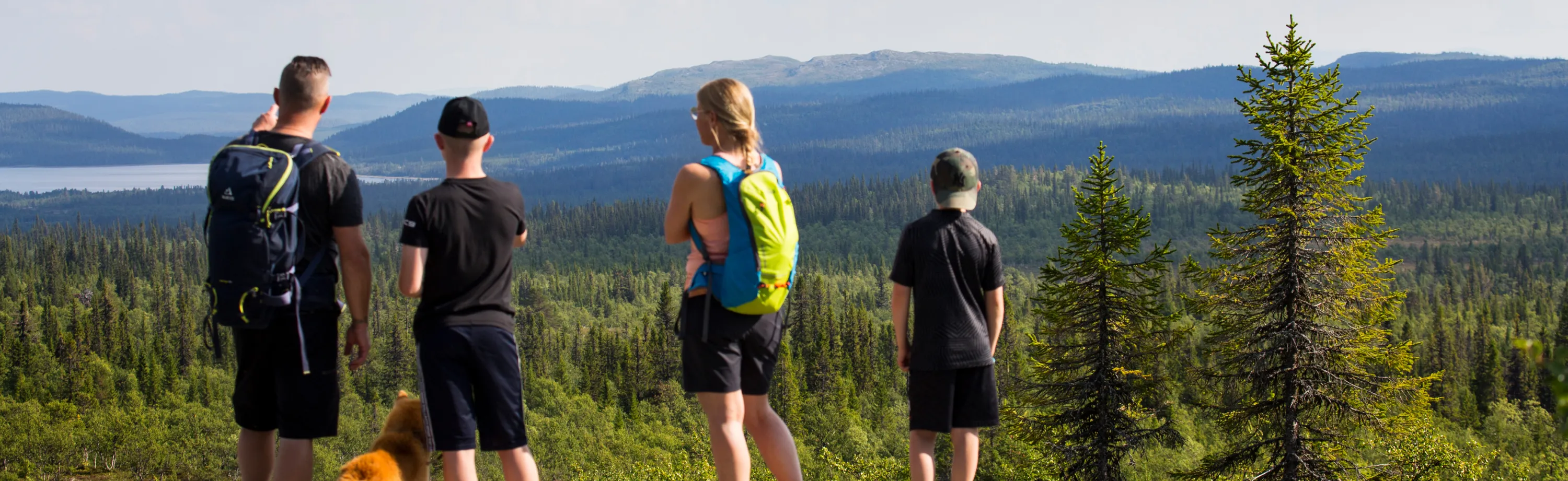 Familj blickar ut på fjällutsikt